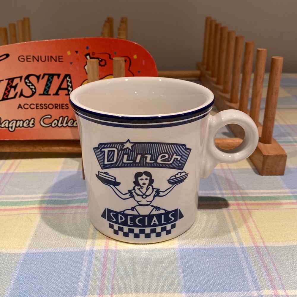 Fiestaware mug with cobalt blue diner design made for Betty Crocker. 4 designs
